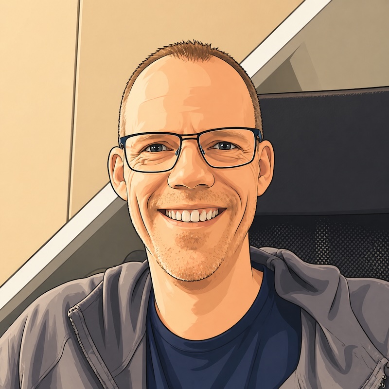 Arno van den Brink in een groen vest, met bril. Getekend.
